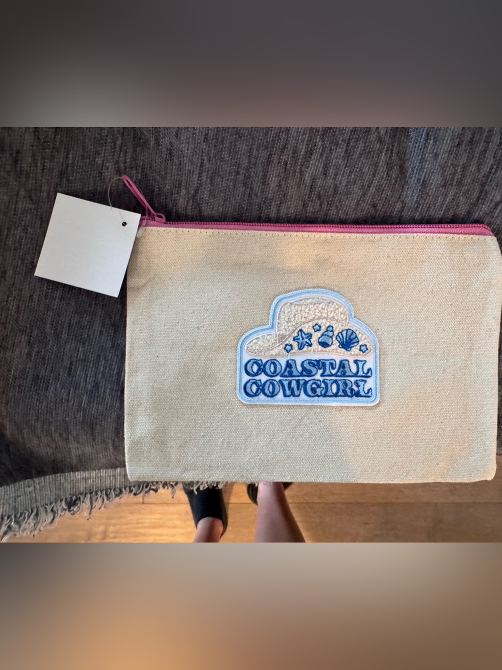 NWT Coastal Cowgirl Canvas Zip Pouch in Natural with Pink Trim